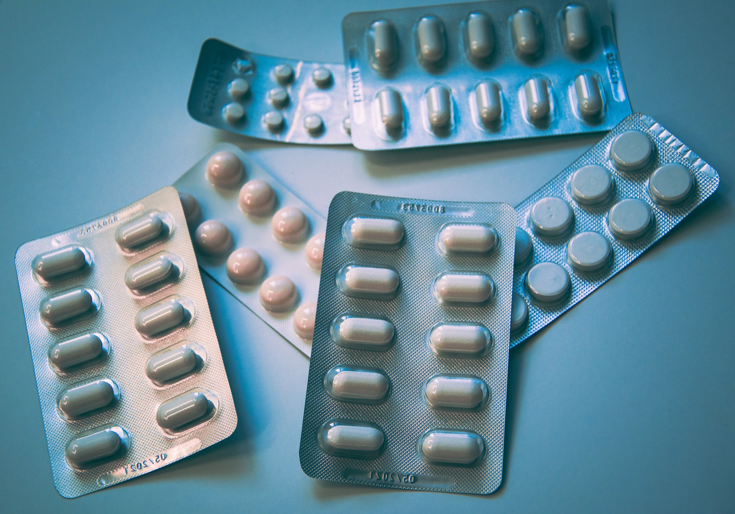 An overhead view of foil medication blister packs